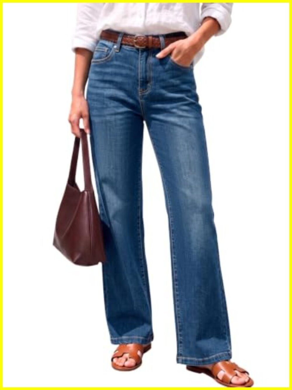 High Waisted Wide Straight Leg Jeans with Elastic Waistband Cotton Blend